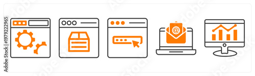 A set of 5 mix icons as webpage settings, webpage design, online mail