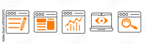 A set of 5 mix icons as webpage, online analytics, web designing