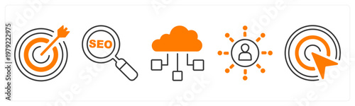 A set of 5 mix icons as target, seo, cloud computing