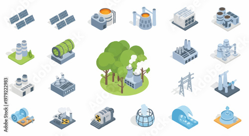 Collection of isometric industrial and energy production buildings.