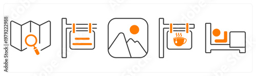 A set of 5 mix icons as navigation, direction, mountain