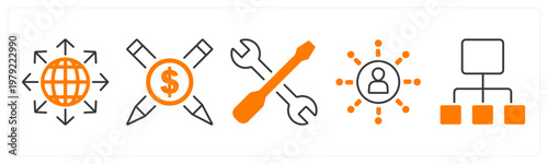 A set of 5 mix icons as worldwide, cash out, repair tools