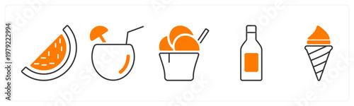 A set of 5 mix icons as watermelon, coconut water, ice cream