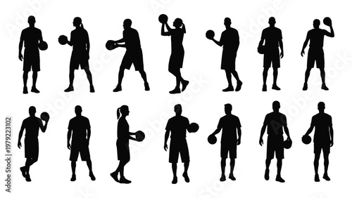 A collection of silhouetted figures depicting basketball players in various dynamic poses and stances high quality professional detailed modern elegant stylish