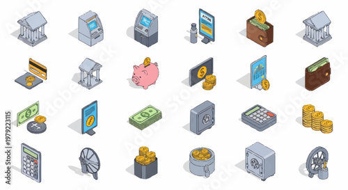 Various business and finance icons.