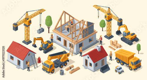 Construction site with houses cranes and vehicles isometric illustration.