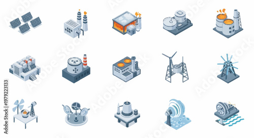 Collection of isometric industrial and energy production icons.