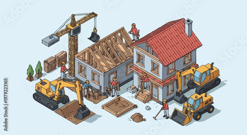 Construction site with houses being built and heavy machinery.