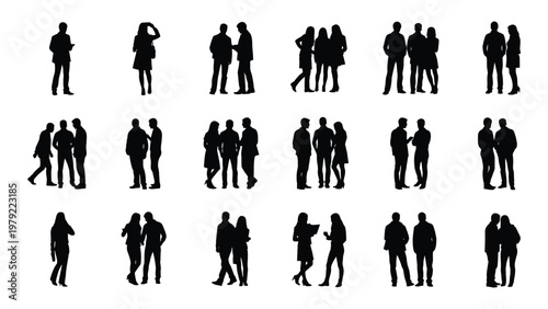 A collection of black silhouettes depicts various groups of people standing and interacting showcasing diverse poses and formations high quality professional