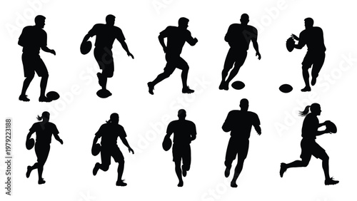 Silhouettes of diverse athletes engaged in dynamic football or rugby play showcasing teamwork and athletic movement high quality professional detailed modern