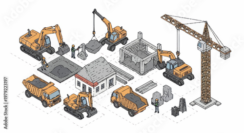 Construction site with heavy machinery and building elements isometric illustration.