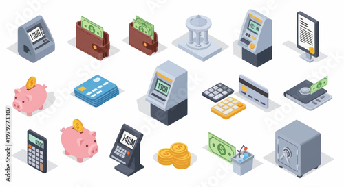 Financial Icons Representing Banking And Money Transactions.