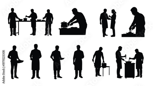 A collection of black silhouette figures depicting various cooking and food service professionals in action high quality professional detailed modern elegant