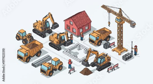 Construction site with heavy machinery and building elements isometric illustration.