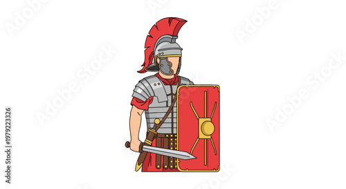 Ancient Roman soldier stands in full military armor holding a large rectangular scutum shield and a sharp gladius sword against a clean white background.