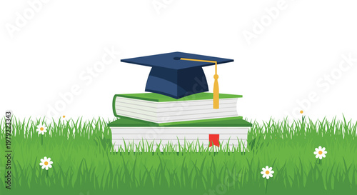 Academic graduation cap rests perfectly on top of two stacked hardcover green books nestled within a vibrant field of lush green grass and small flowers.