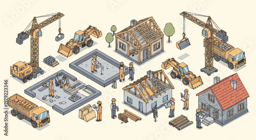 Construction site with buildings and heavy machinery isometric illustration.