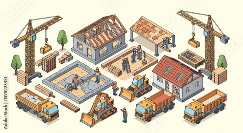 Construction Site With Cranes Trucks And Buildings Isometric View.