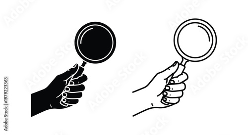 Two hands holding magnifying glasses one filled and one empty silhouette