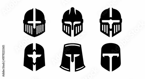 Set of Six Black Knight Helmet Icons Vector Graphics for Game Design