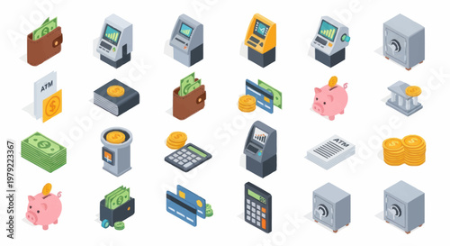 Collection of Isometric Financial Icons and Symbols.