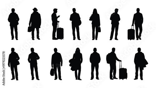 A collection of black silhouettes depicts diverse people many carrying luggage suggesting travel or commuting scenes high quality professional detailed modern