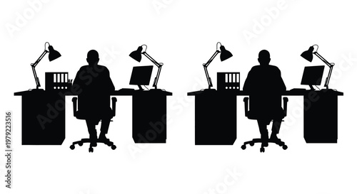 Two figures working at desks displaying a stark black silhouette