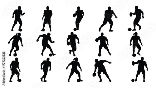A collection of black silhouettes depicts numerous soccer players in dynamic action poses with a ball high quality professional detailed modern
