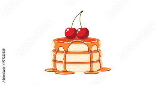 Three fluffy pancakes stacked neatly on a clean surface are topped with two bright red cherries and a generous amount of sweet syrup dripping down sides.
