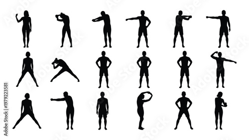 A collection of silhouetted figures demonstrates a diverse range of dynamic human poses and athletic movements against a white background