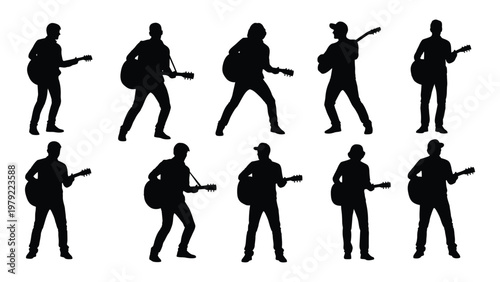 A collection of black silhouettes depicts various poses of people playing acoustic guitars and carrying instrument cases high quality professional detailed