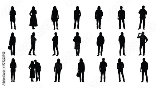 A collection of twenty five black silhouettes depicting diverse individuals in various standing poses and clothing styles high quality professional detailed