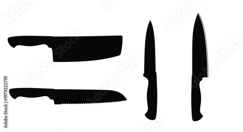 Four kitchen knives depicted in a dark minimalist silhouette
