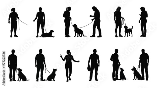A collection of black silhouettes depicts people walking their dogs showcasing various poses and breeds in a minimalist style high quality