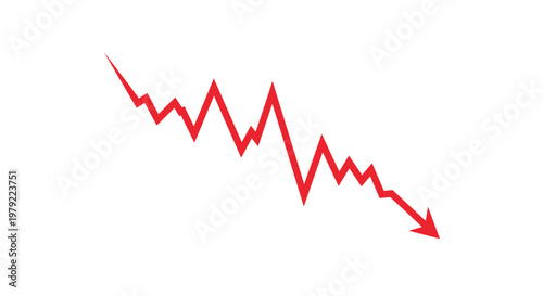 Minimalist sharp red line graph demonstrating a steep downward trend ending with a clear directional arrow on a pristine solid white studio background.