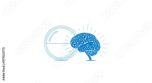 Intricate blue wireframe human brain icon positioned beside a circular magnifying lens to illustrate cognitive research and analytical mental processes.