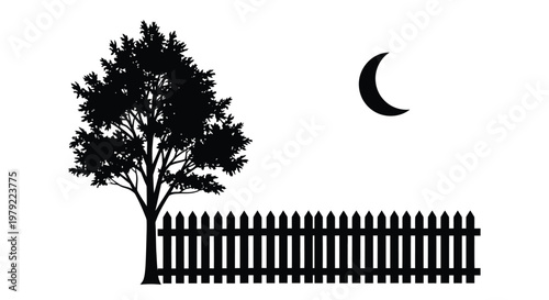 A dark tree and fence scene under a crescent moon silhouette