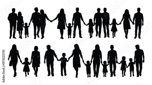 A collection of black silhouettes depicts diverse families holding hands showcasing unity togetherness and familial bonds in a simple style