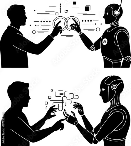 Human and AI robot collaboration silhouette.