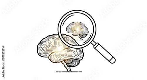 Stylized brain with integrated circuit board patterns being inspected by a magnifying glass to highlight the intersection of biology and advanced tech.