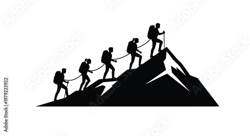 A team of climbers ascending a mountain depicted in silhouette