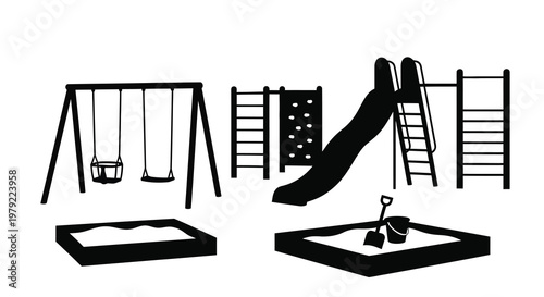 Playground equipment including swings slide and sandbox a silhouette