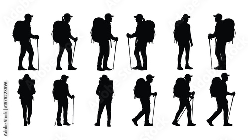 A collection of black silhouettes depicting hikers walking uphill with backpacks and trekking poles showcasing a sense of adventure high quality