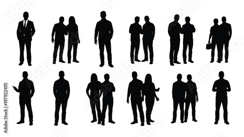 A collection of black silhouettes depicting diverse groups of people standing and interacting in various poses high quality professional detailed modern