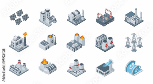 Collection of isometric industrial factory buildings and power generation structures.