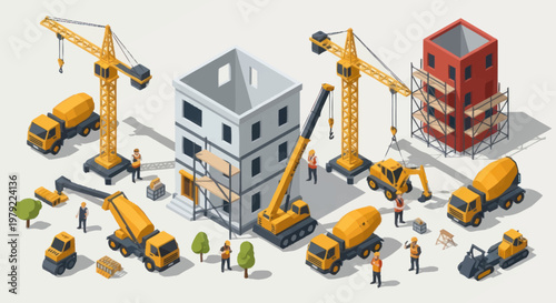 Construction site with cranes and trucks building a house.