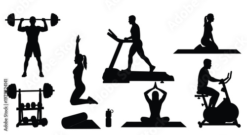 Diverse fitness activities depicted in black silhouettes