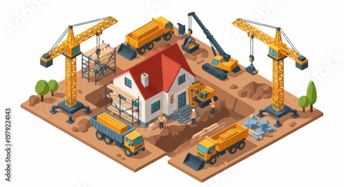 Construction site with house being built and heavy machinery.