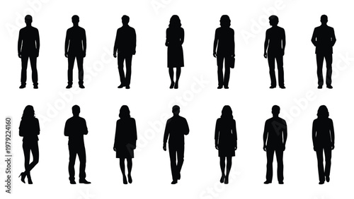 A collection of twelve black silhouettes depicts a diverse group of people standing in a row facing forward high quality professional