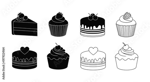 Black and white illustration of various delightful dessert pastries